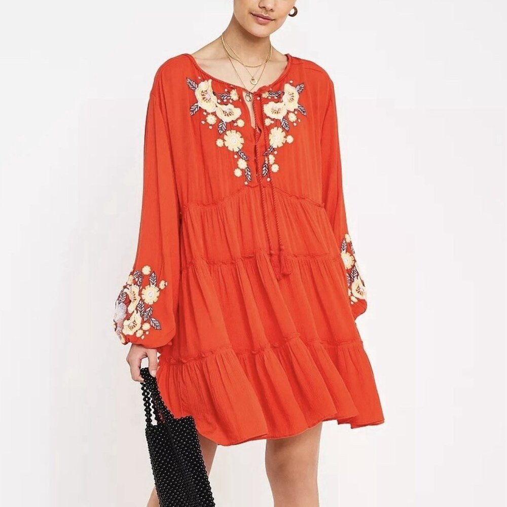 NEW Free People Spell on You Floral Embroidered Red Orange Mini Dress Women’s XS